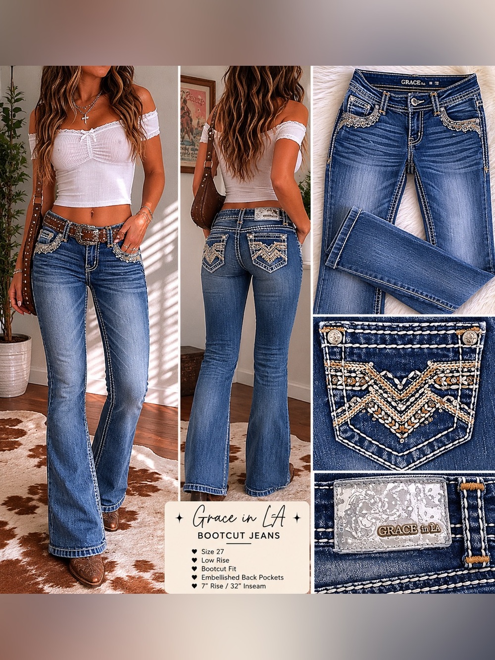 Grace In LA Bootcut Jean Women’s Size 27 Low Rise Embellished Pocket Western Y2K